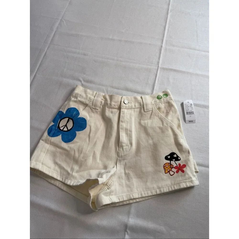 Pacsun Mid Rise Festival Shorts White Jeans Denim Summer Mushroom Peace Size 27